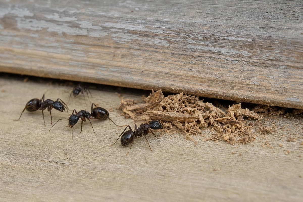 Carpenter ants beside coarse sawdust-like frass below weathered wood