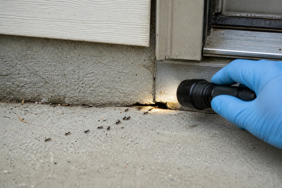 Gloved hand using a flashlight to follow an ant trail into a foundation gap