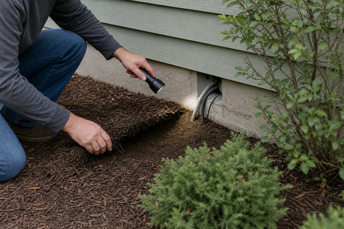 Foundation inspection showing mulch clearance, trimmed vegetation, and a utility entry gap