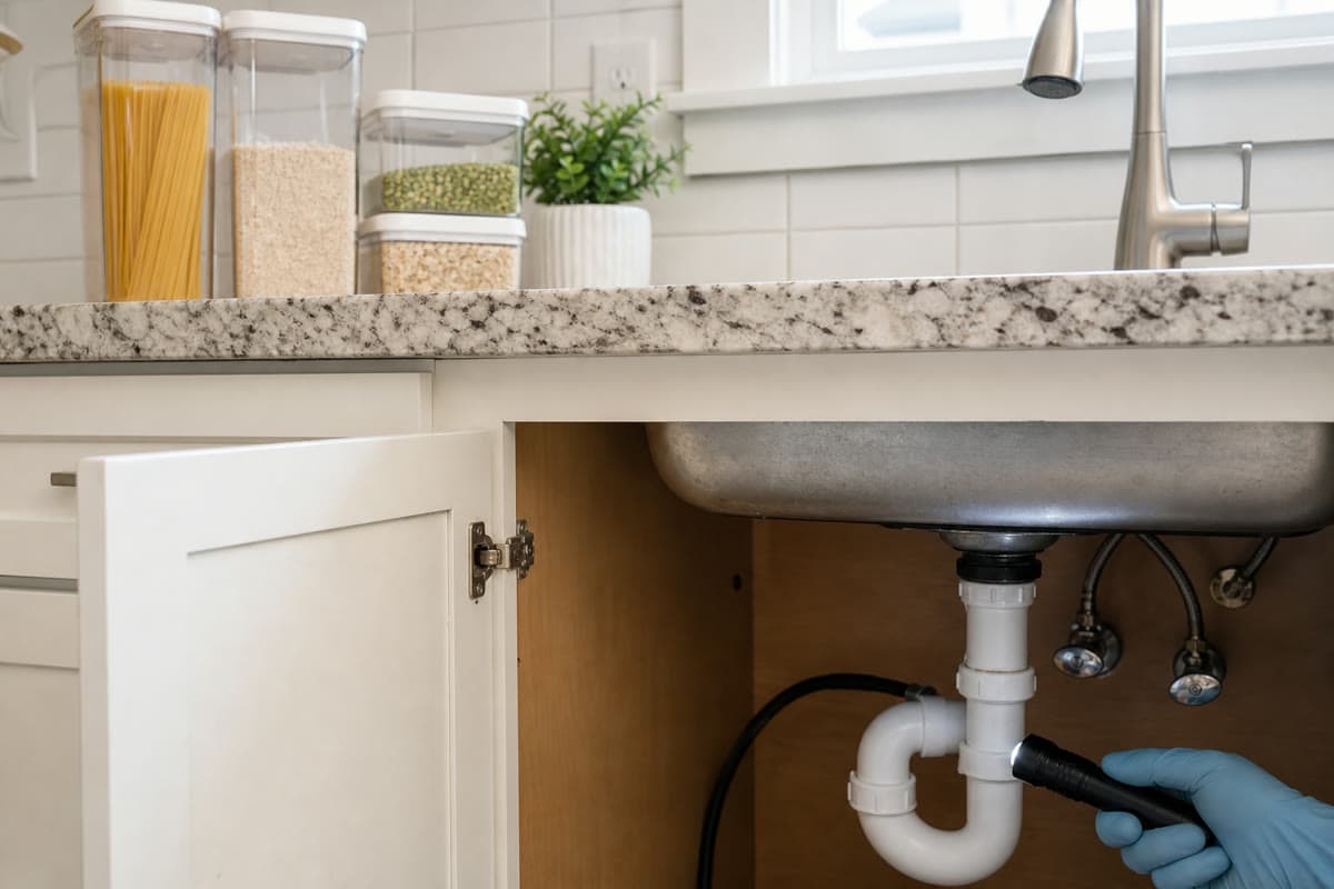 Kitchen sanitation and under-sink moisture inspection with sealed food containers