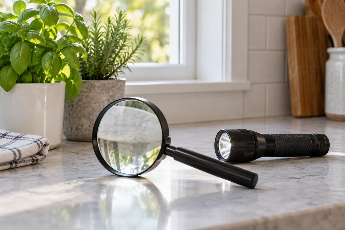 Magnifying glass and flashlight on a kitchen counter