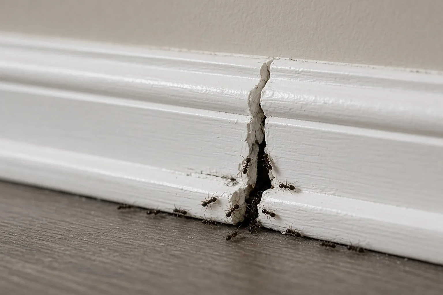 Ants entering a gap in interior baseboard trim
