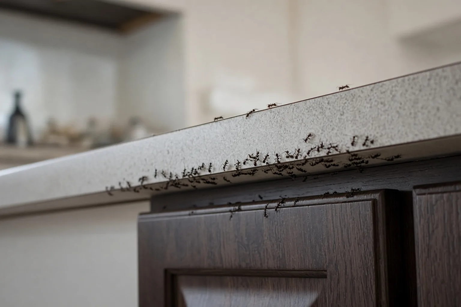 Ant trail crossing a kitchen countertop edge