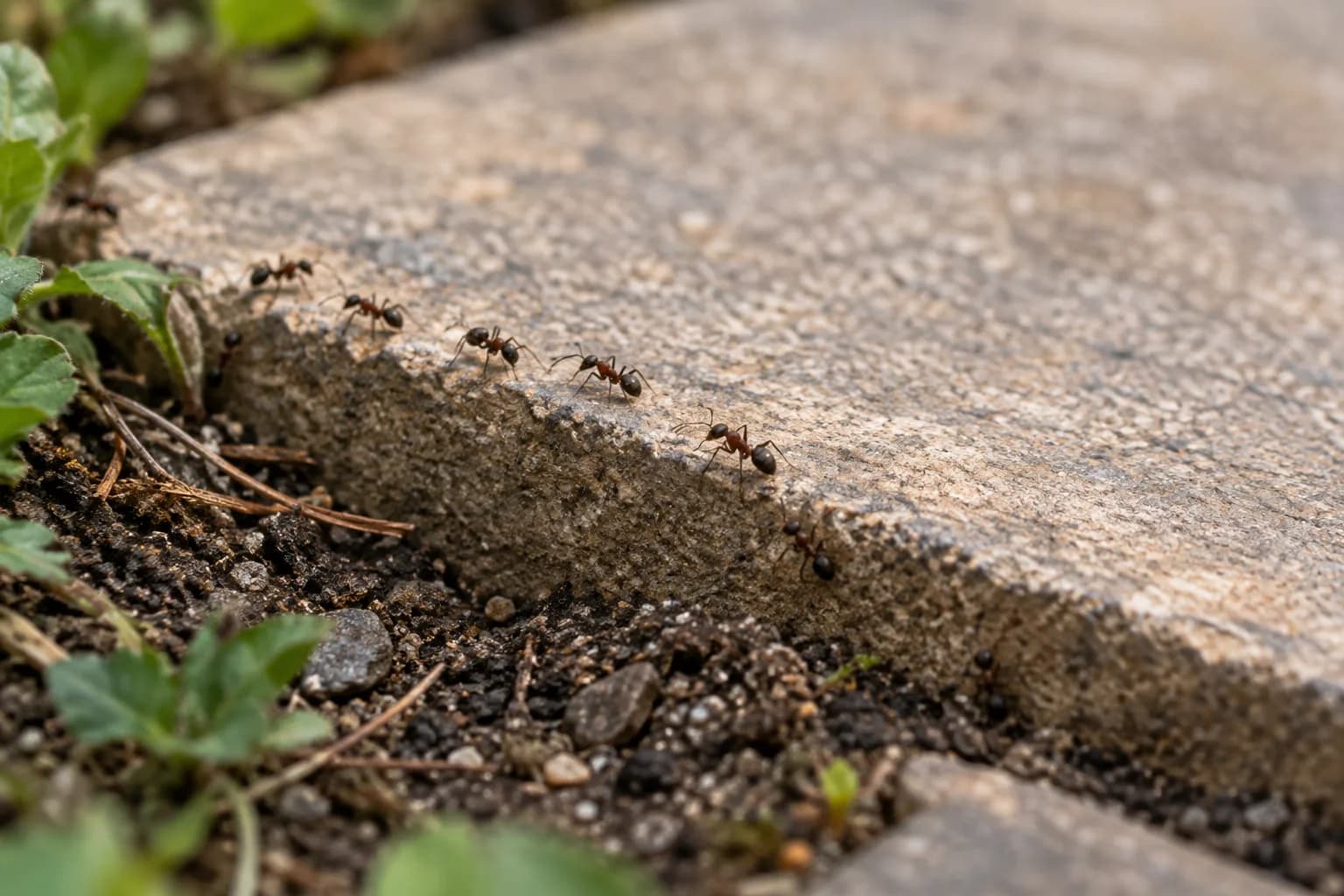 Ant trail along an exterior paving stone